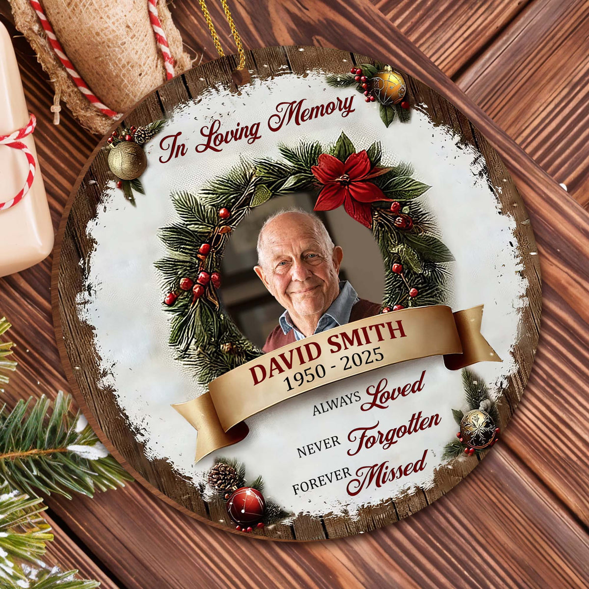 "In Loving Memory" Personalized Photo Wood Ornament - Always Loved Never Forgotten Keepsake