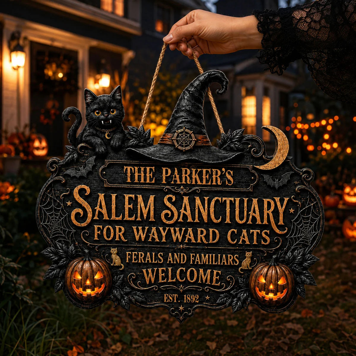Salem Sanctuary For Wayward Cats Personalized Wood Sign - Custom Halloween Decor Gift for Cat Lovers
