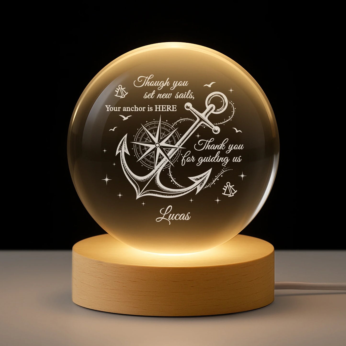 Personalized retirement crystal ball lamp with anchor design engraved for boss or mentor