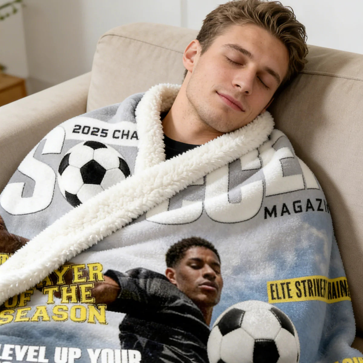 Personalized Soccer Magazine Blanket for Son/Grandson with personalized design details for meaningful gifting image 7