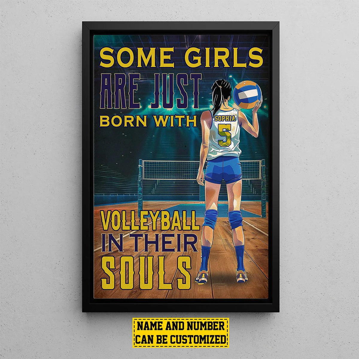 Personalized volleyball poster featuring a girl custom player jersey with name and number on a court background