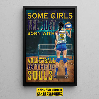 Personalized volleyball poster featuring a girl custom player jersey with name and number on a court background