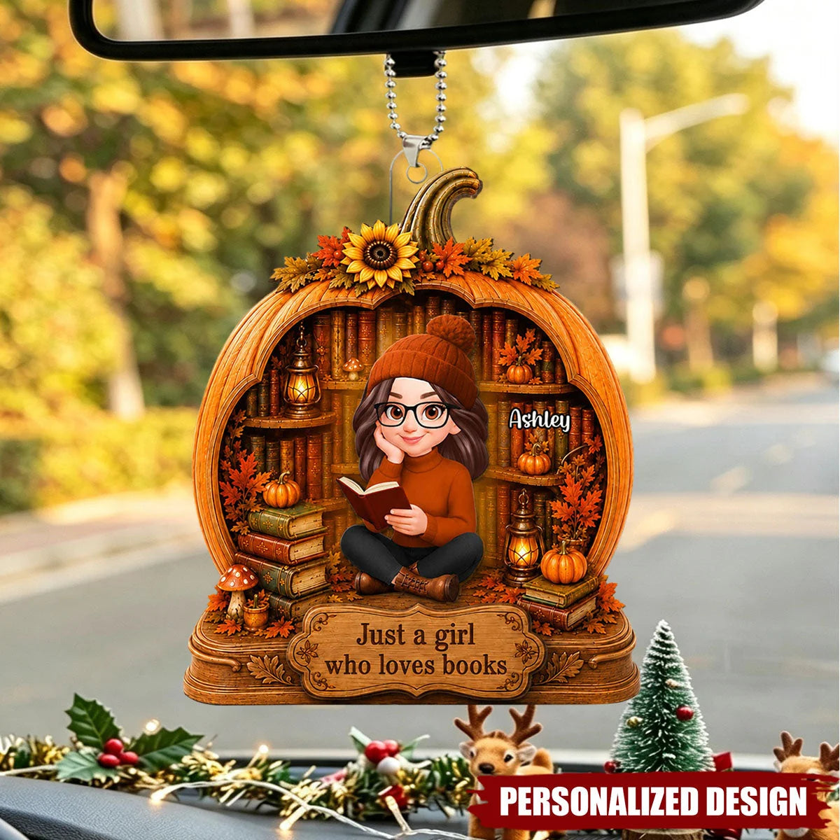"Just A Girl Who Loves Books" Personalized Pumpkin Car Hanging Ornament - Custom Reader Gift