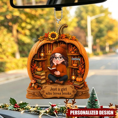 "Just A Girl Who Loves Books" Personalized Pumpkin Car Hanging Ornament - Custom Reader Gift