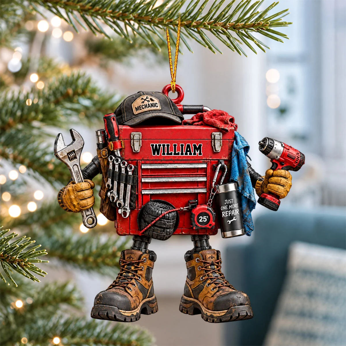 Personalized Mechanic Toolbox Christmas Wooden Ornament - Custom Name Handyman Keepsake