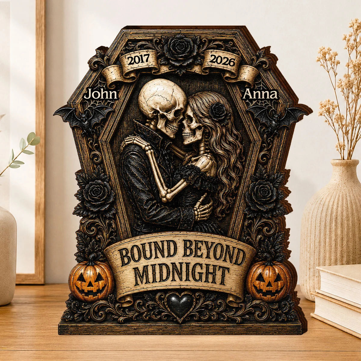 Bound Beyond Midnight Skeleton Couple Personalized Wooden Block - Custom Gothic Halloween Wedding Anniversary Gift