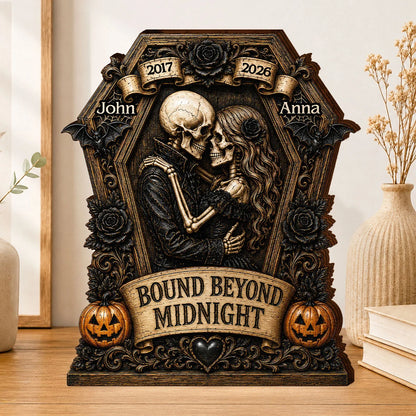 Bound Beyond Midnight Skeleton Couple Personalized Wooden Block - Custom Gothic Halloween Wedding Anniversary Gift