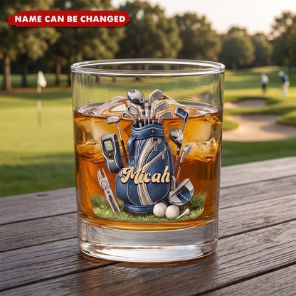 Personalized golf whiskey glass featuring a custom name on a detailed golf bag illustration for men and women