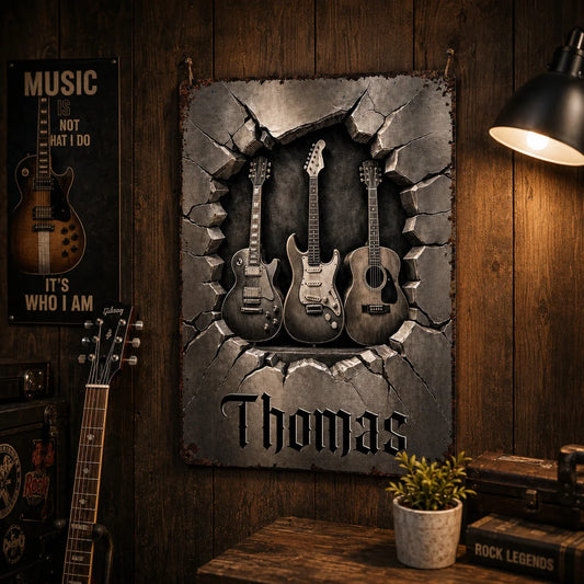 Personalized metal guitar sign with 3D cracked wall effect and custom name for music lovers