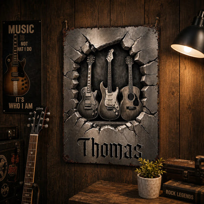 Personalized metal guitar sign with 3D cracked wall effect and custom name for music lovers