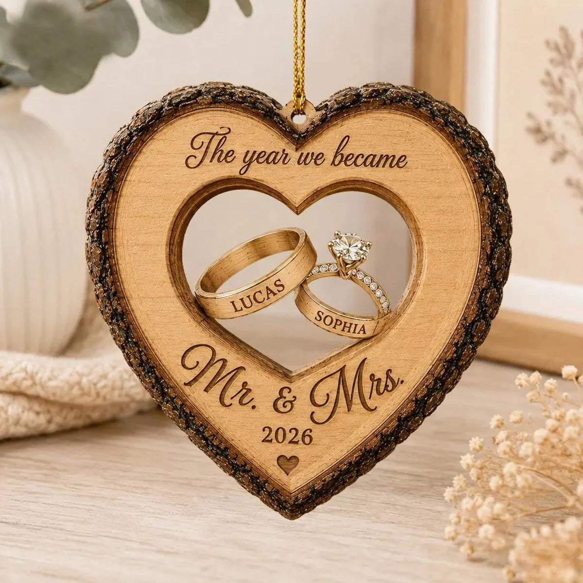 "The Year We Became Mr. & Mrs." Personalized Wooden Ornament - Custom Wedding Gift for Couples