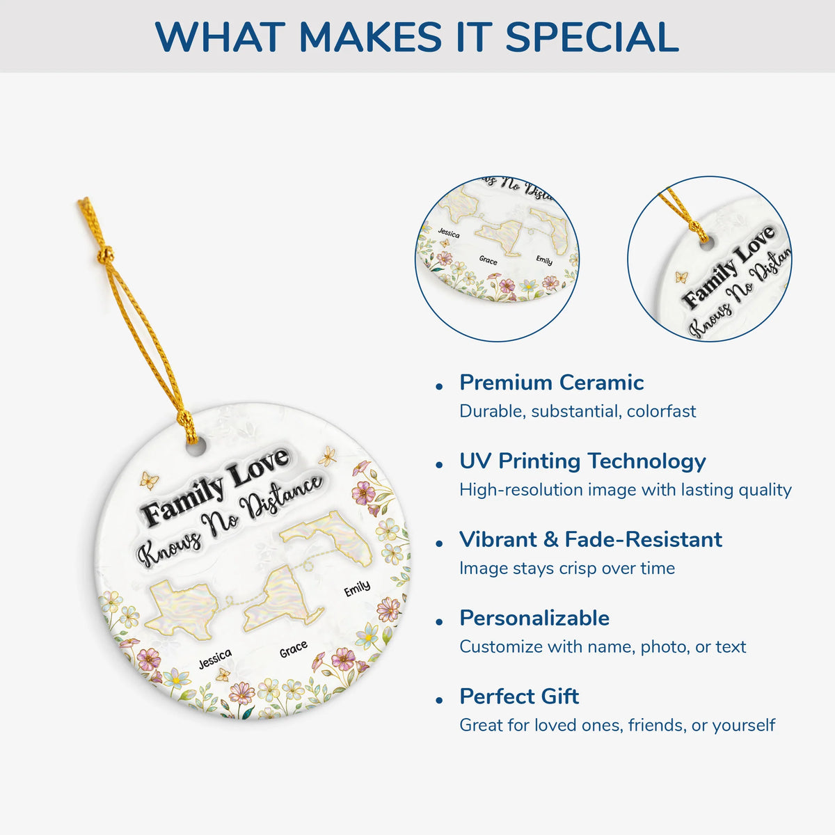 Family Love Knows No Distance Personalized Ceramic Ornament - Custom Christmas Keepsake Gift