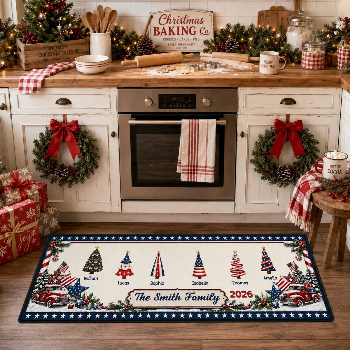 Personalized Christmas Kitchen Runner Rug - Custom Patriotic Family Name Holiday Mat