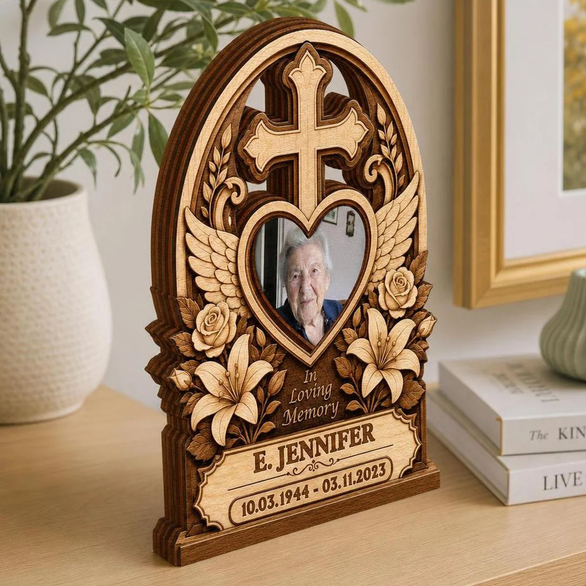 "In Loving Memory" Personalized Memorial Wooden Block - Custom Photo Cross Gift for Family