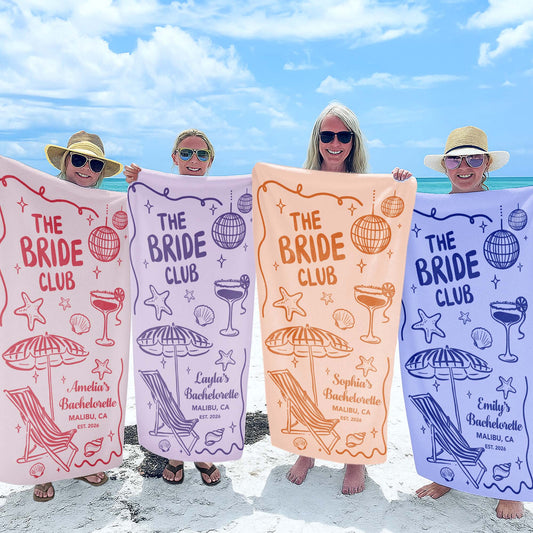 Personalized bachelorette beach towel with disco ball and beach chair design for bridesmaids