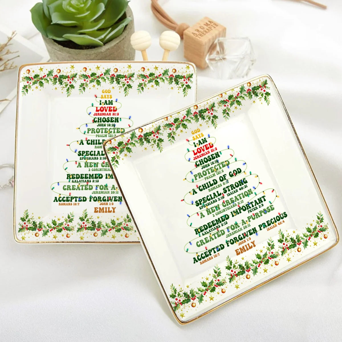 God Says I Am Personalized Ceramic Jewelry Dish - Custom Christian Christmas Trinket Tray