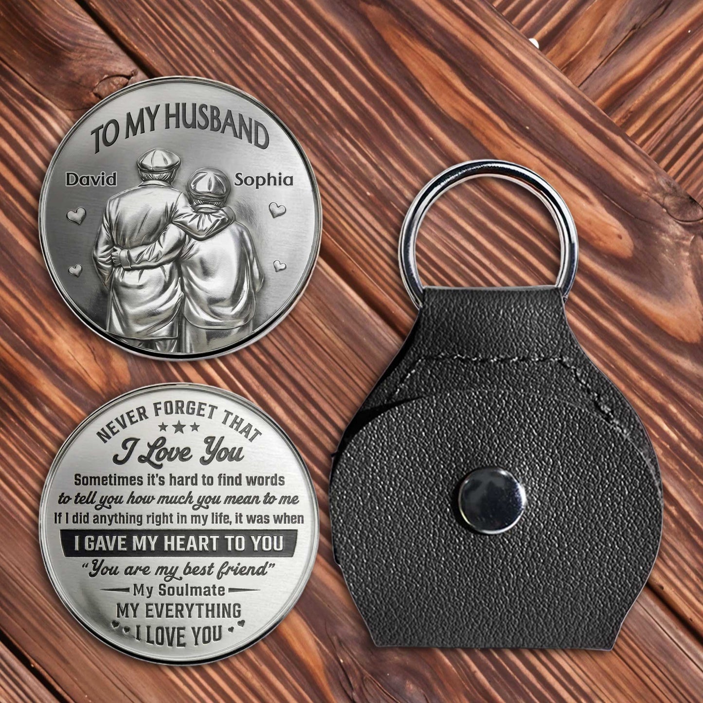 Personalized husband pocket hug token with custom names David and Sophia in a leather keychain sleeve image 8