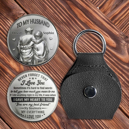 Personalized husband pocket hug token with custom names David and Sophia in a leather keychain sleeve image 8