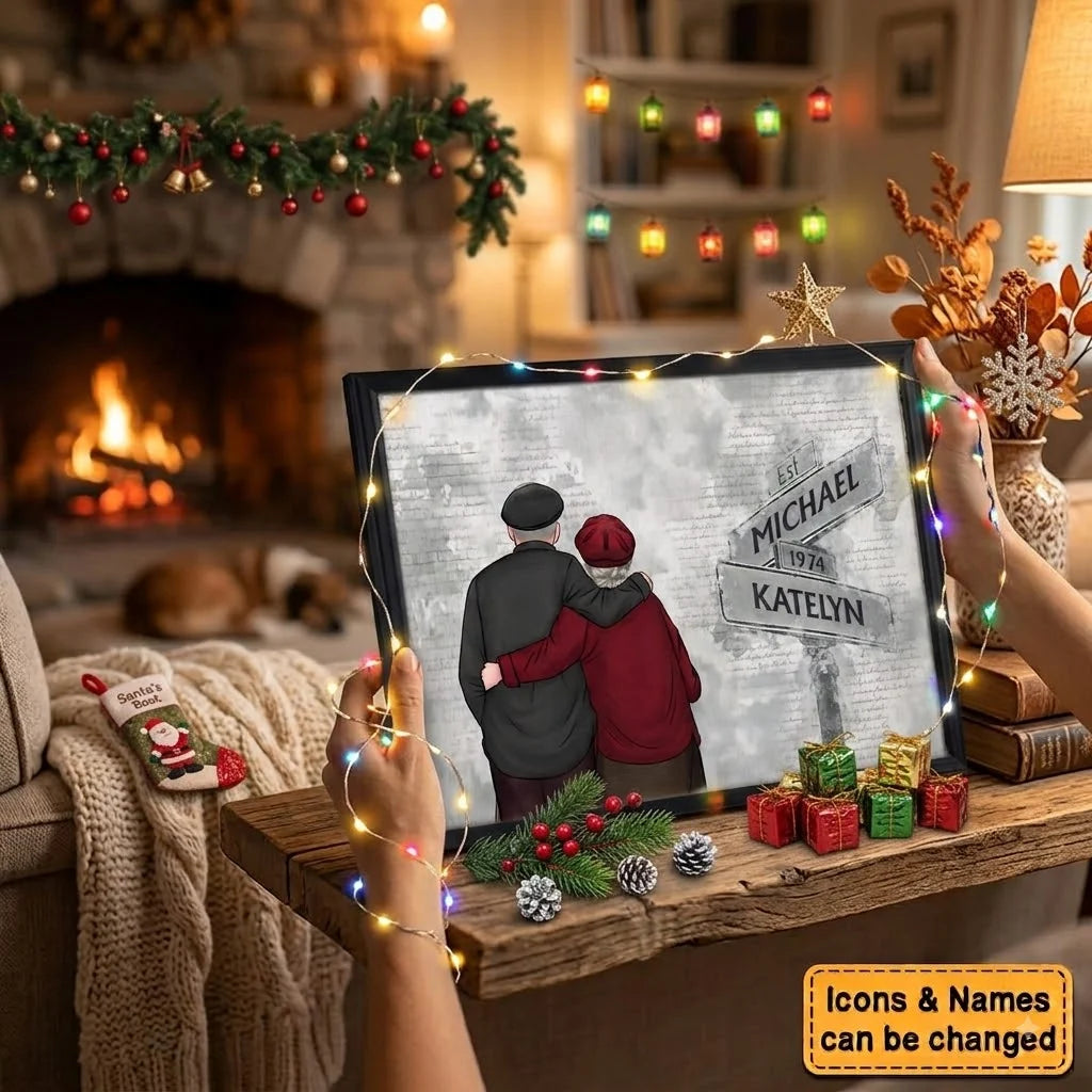Custom Old Couple Street Sign Canvas / Poster - Personalized Anniversary Wall Art for Couples