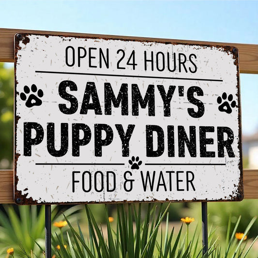 Personalized dog mom metal sign featuring Open 24 Hours Sammy's Puppy Diner design for dog lovers