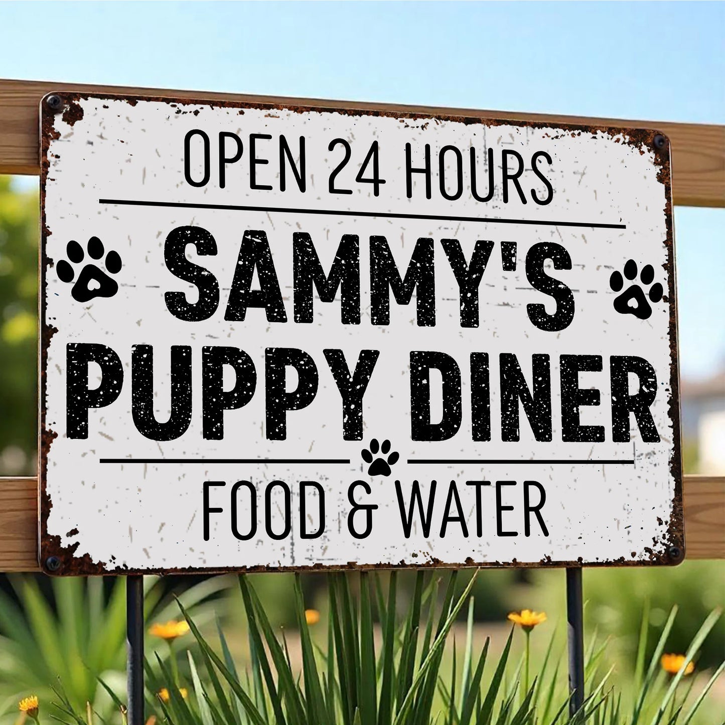 Personalized dog mom metal sign featuring Open 24 Hours Sammy's Puppy Diner design for dog lovers