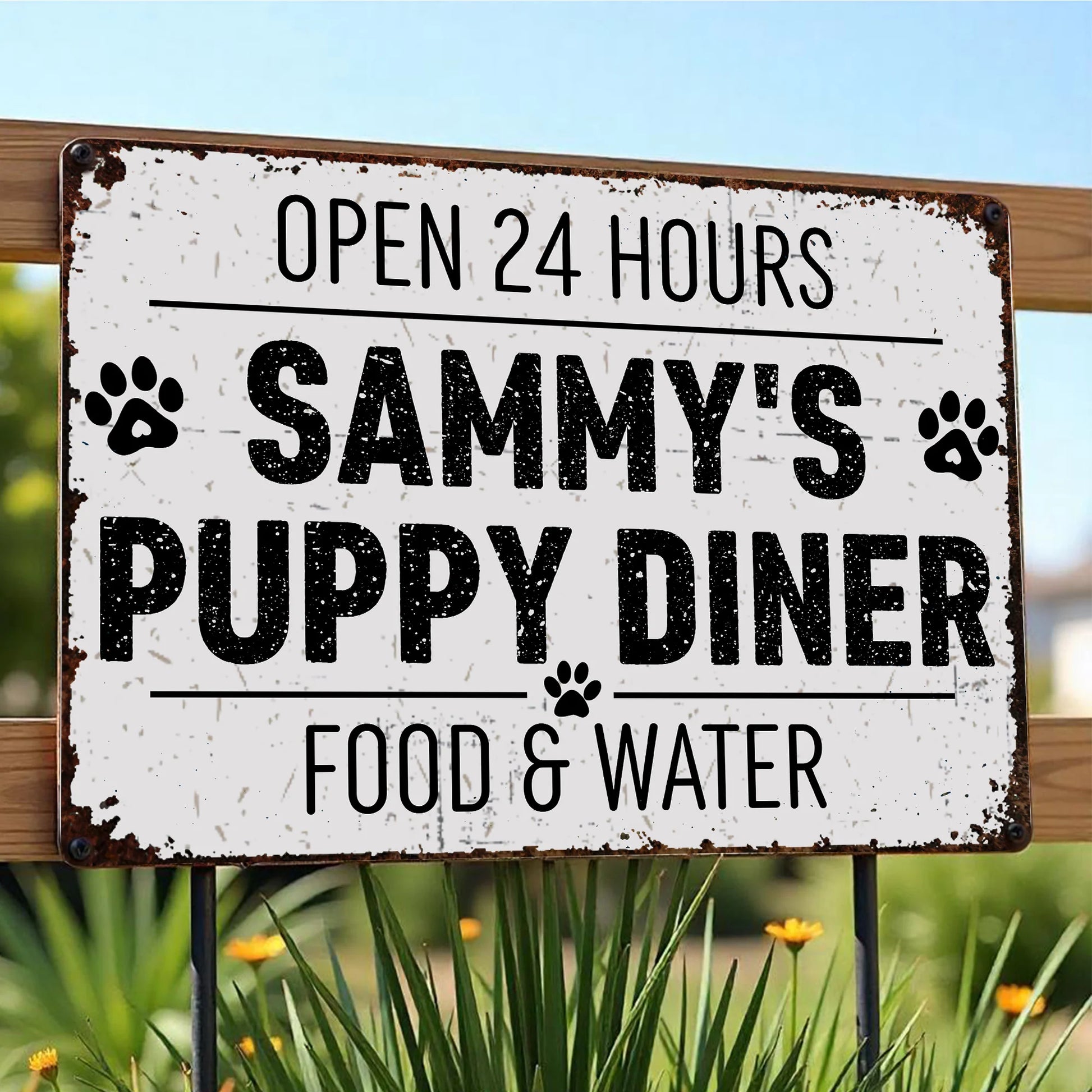 Personalized dog mom metal sign featuring Open 24 Hours Sammy's Puppy Diner design for dog lovers