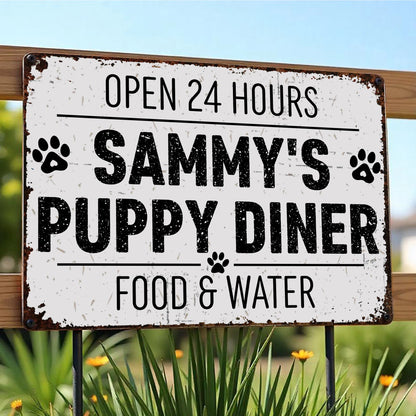 Personalized dog mom metal sign featuring Open 24 Hours Sammy's Puppy Diner design for dog lovers