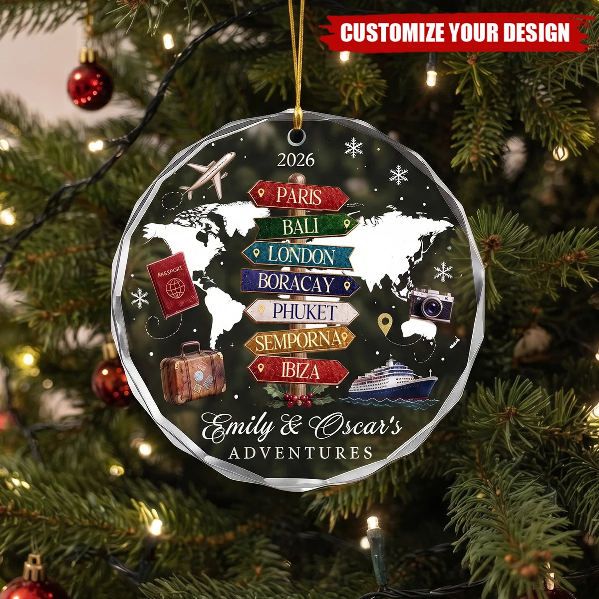Personalized Travel Adventure Glass Ornament for Couples - Custom Names Destination Keepsake Christmas Gift