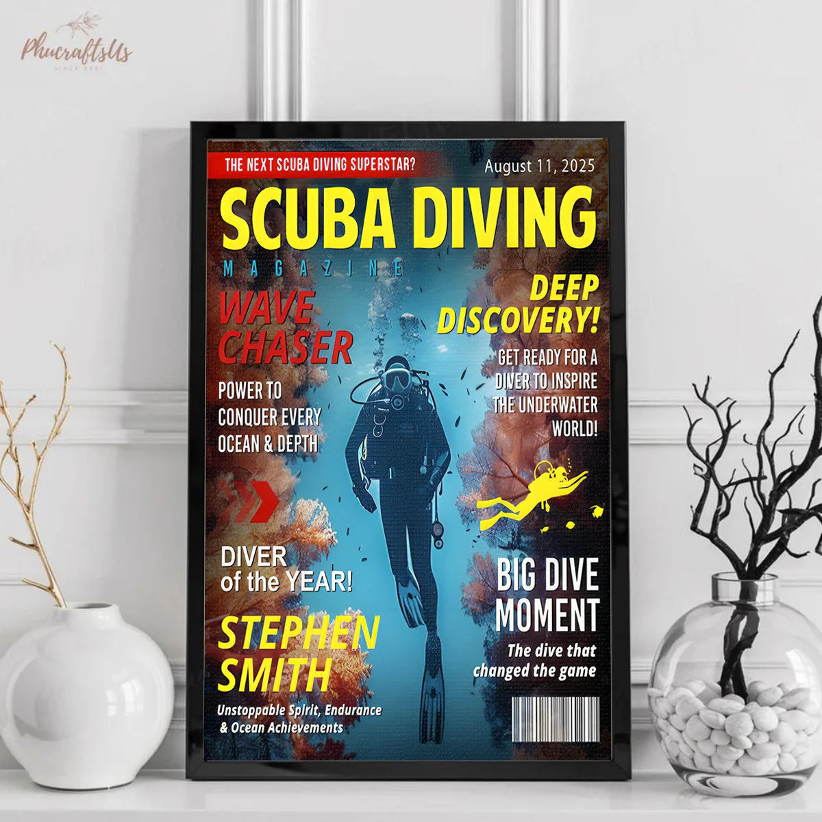 Custom scuba diving magazine cover personalized canvas print for dive loving dad retirement or birthday gift. image 6