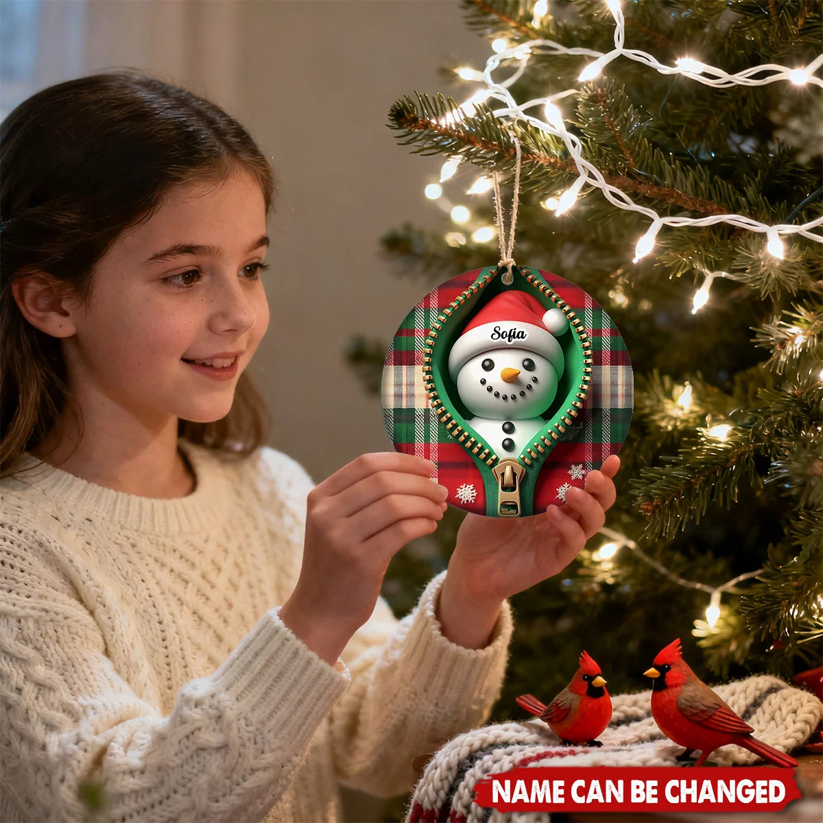 Funny Plaid Zipper Snowman Personalized Ceramic Ornament - Christmas Gift for Family