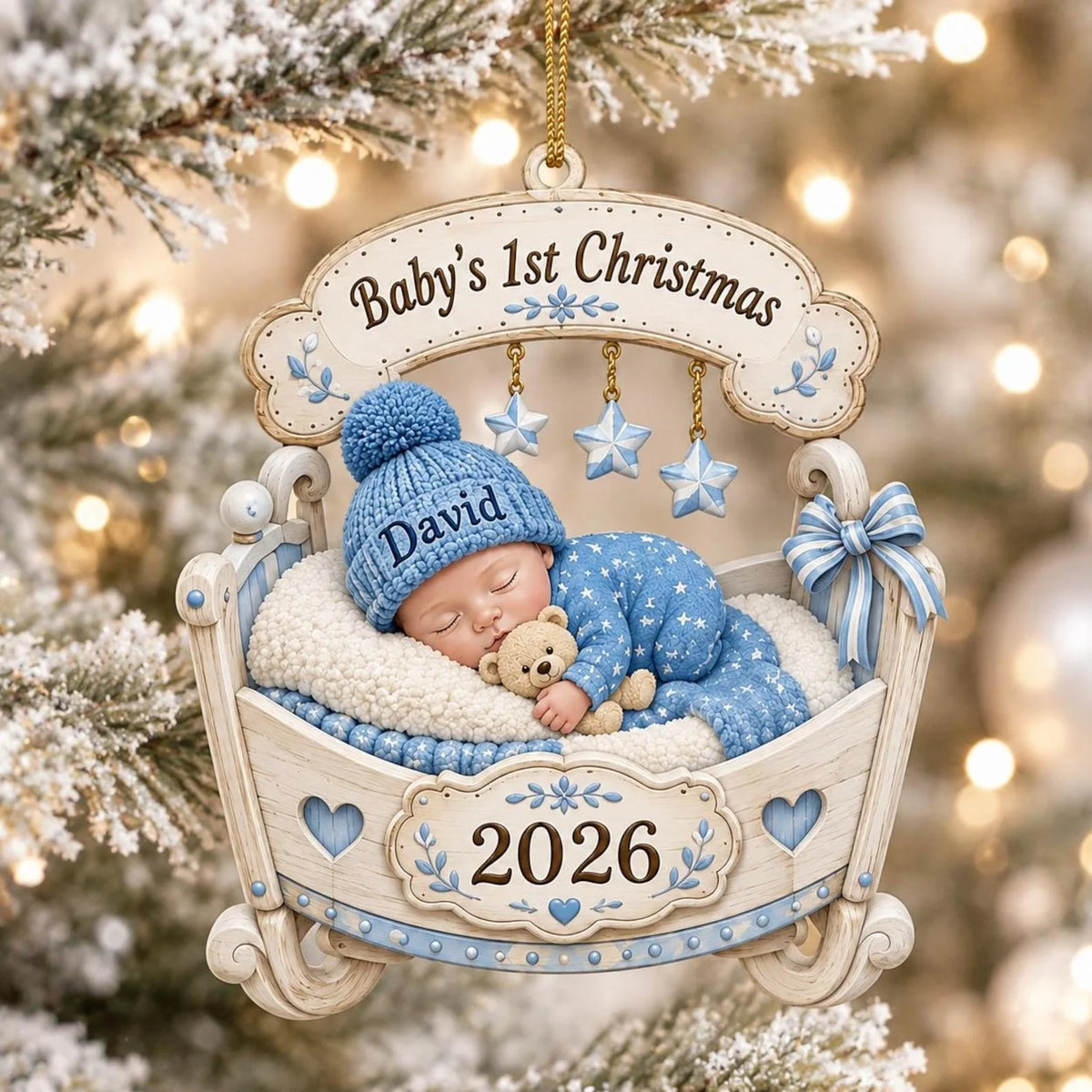 Baby's 1st Christmas Personalized Sleeping Baby in Cradle Ornament - Custom Keepsake Gift for Parents