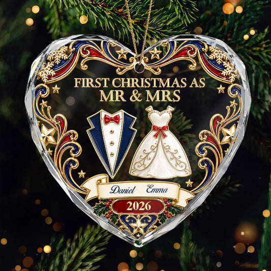 First Christmas Mr & Mrs Glass Ornament for Couples with personalized design details for meaningful gifting