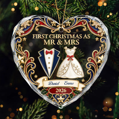 First Christmas Mr & Mrs Glass Ornament for Couples with personalized design details for meaningful gifting