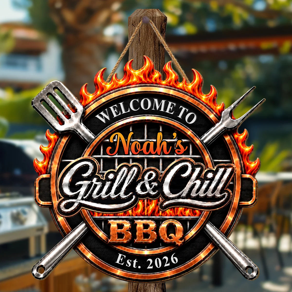 Welcome to BBQ Bar & Grill Personalized Wood Sign - Custom Backyard Outdoor Patio Decor