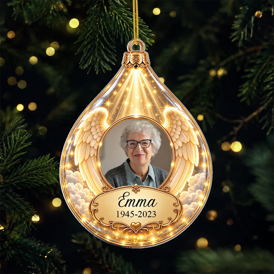 "In Loving Memory" Angel Wings Memorial Photo Personalized Acrylic Ornament - Christmas Keepsake for Families