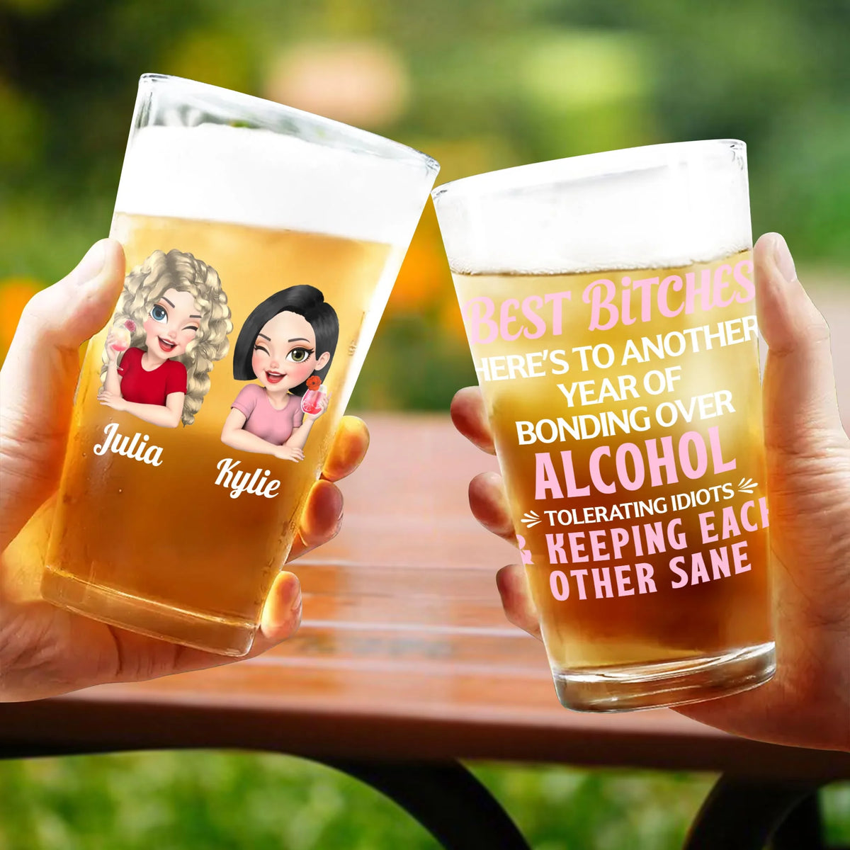 Best Bitches Bonding Over Alcohol Personalized Custom Beer Glass - Funny BFF Birthday Keepsake Gift for Best Friends