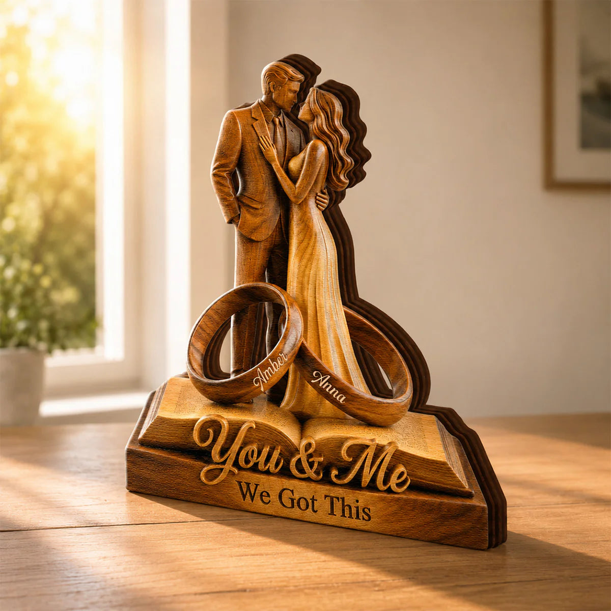 Custom couple anniversary plaque featuring two rings engraved with names on a wooden book stand image 6