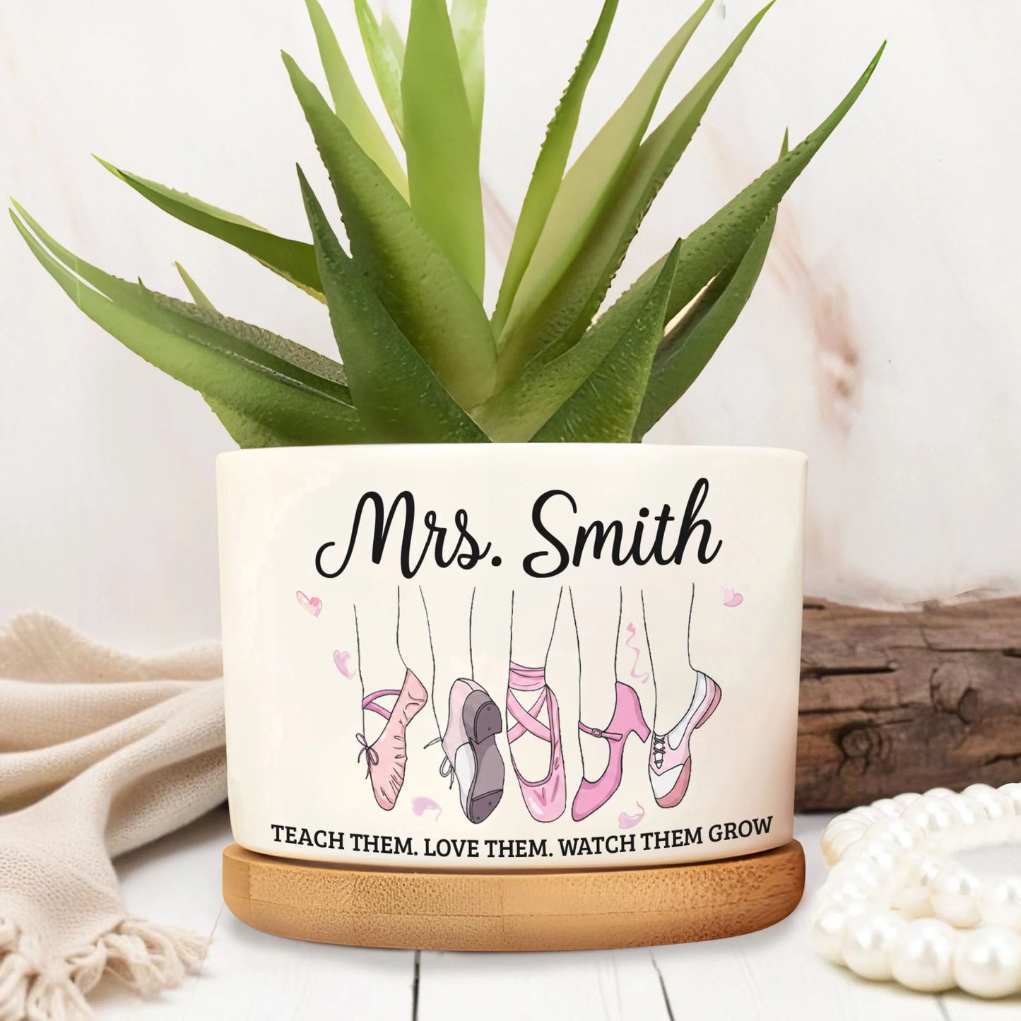 Personalized teacher plant pot with custom name and dance shoes design, a perfect gift for ballet instructors