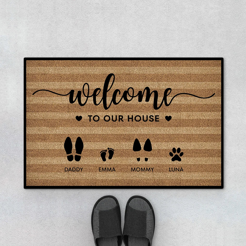 Welcome to Our House Custom Family Doormat - Personalized Shoes and Paw Print Mat