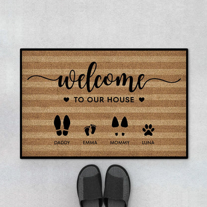 Welcome to Our House Custom Family Doormat - Personalized Shoes and Paw Print Mat