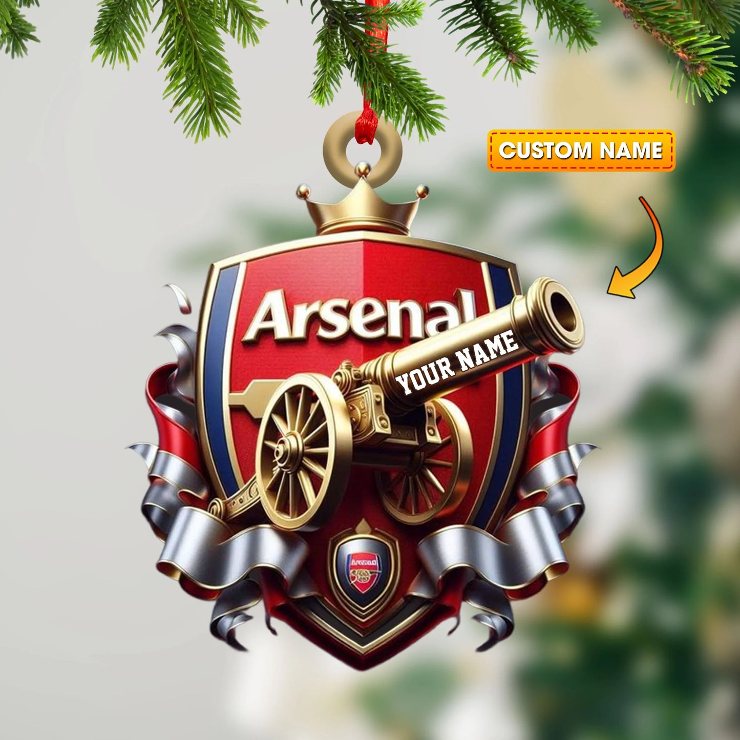 Personalized arsenal fc ornament featuring a custom name on the golden cannon for soccer fans holiday decoration