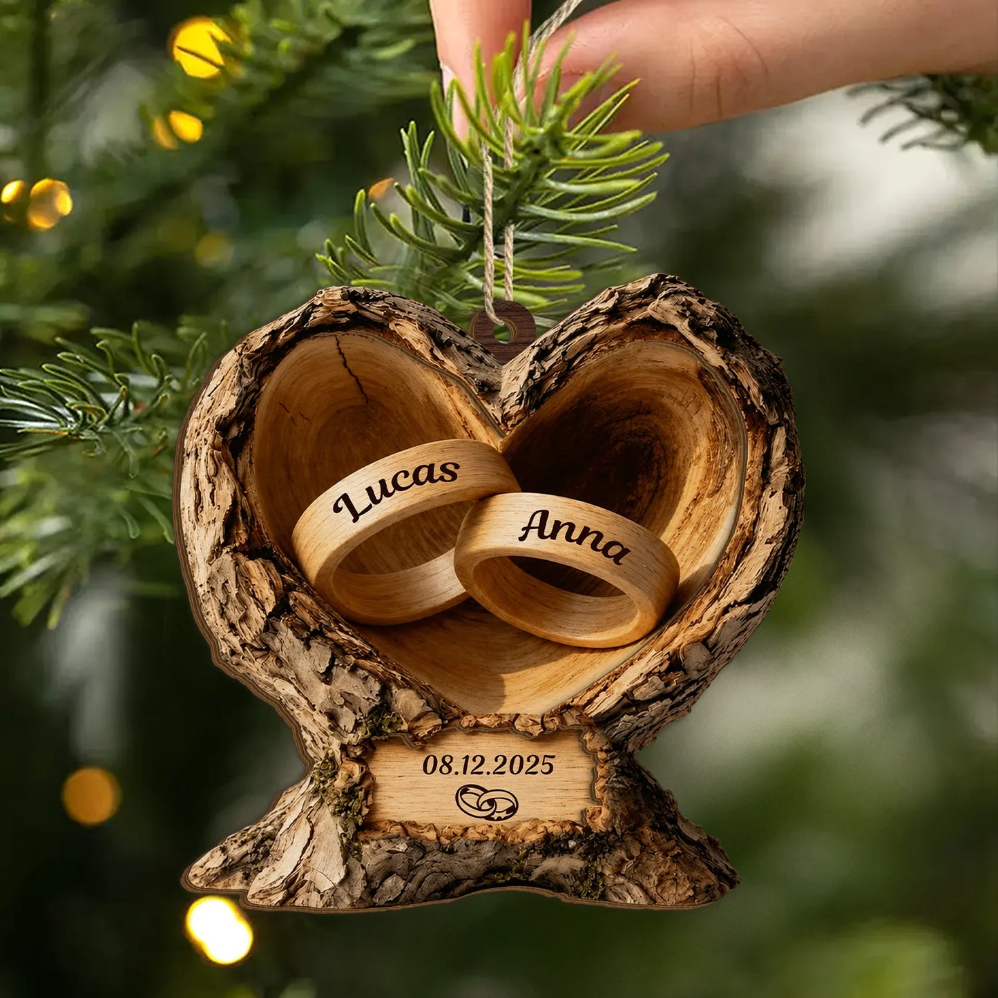 Personalized Wedding Rings Heart Wooden Ornament - Custom Keepsake Gift for Couples & Anniversary