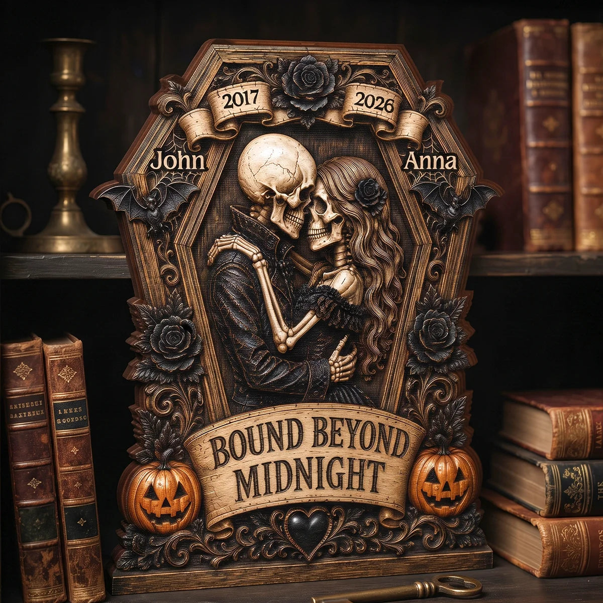 Bound Beyond Midnight Skeleton Couple Personalized Wooden Block - Custom Gothic Halloween Wedding Anniversary Gift