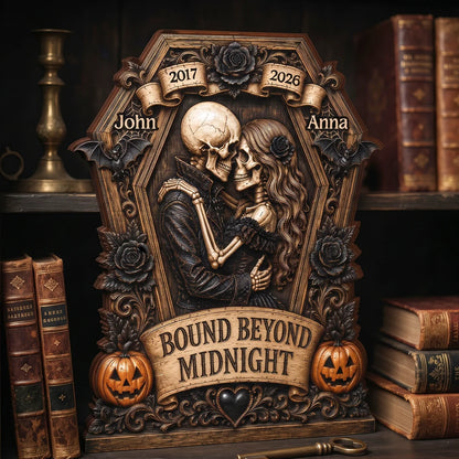 Bound Beyond Midnight Skeleton Couple Personalized Wooden Block - Custom Gothic Halloween Wedding Anniversary Gift