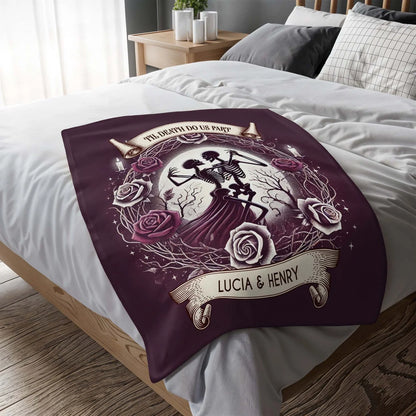 "Til Death Do Us Part" Personalized Gothic Couples Blanket - Custom Skeleton Couple Anniversary Gift for Husband & Wife