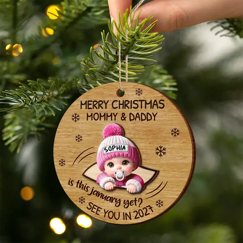 Baby Peeking Out Custom Wooden Ornament - Personalized Expecting Mom Christmas Gift