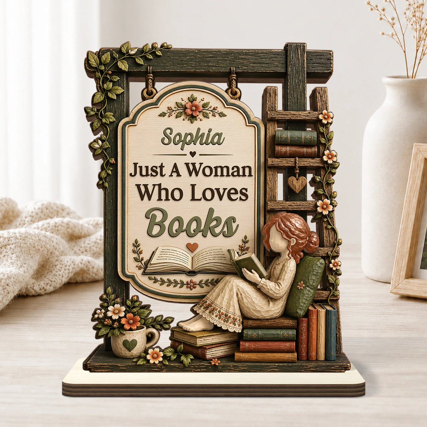 Just A Girl Who Loves Books Personalized Wooden Plaque - Custom Bookworm Desk Decor Gift