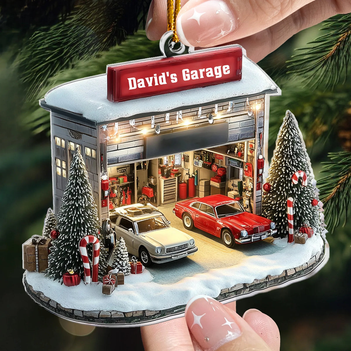 Custom Name Car Garage Acrylic Christmas Tree Ornament – Keepsake Gift for Auto Mechanic