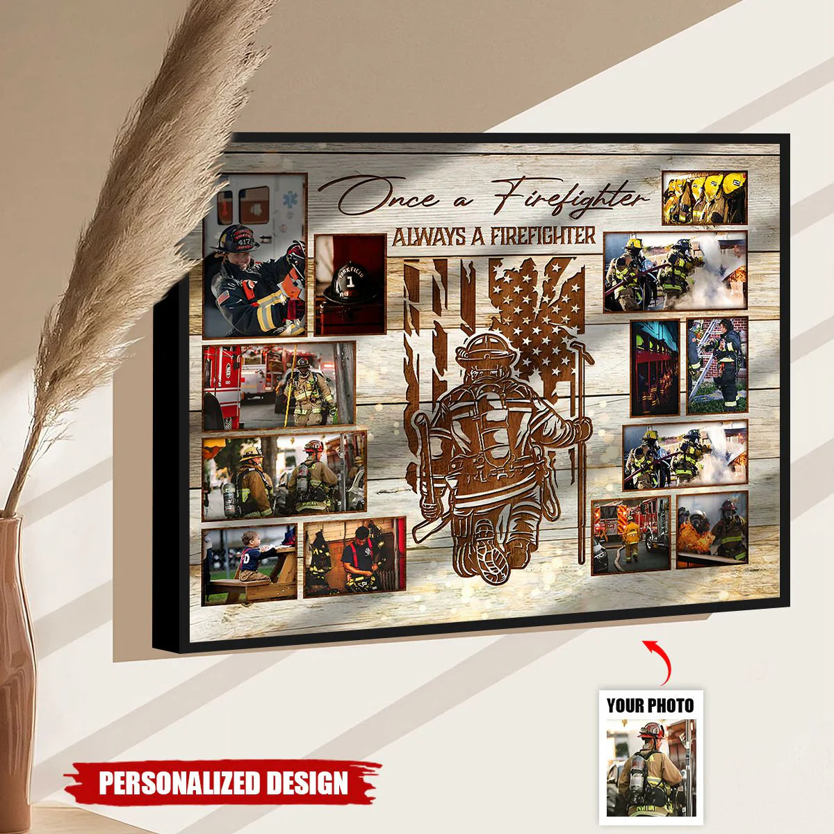 Custom firefighter canvas with photo collage and 'Once a Firefighter' quote - perfect retirement gift for brave heroes image 6