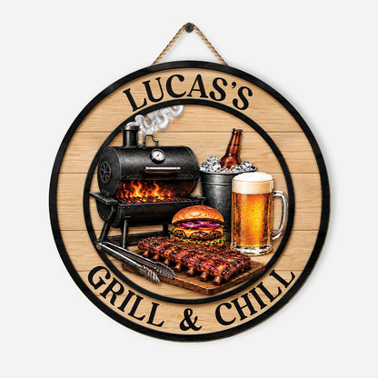Grill and Chill Personalized BBQ Wood Sign - Custom Name Backyard Patio Bar Decor